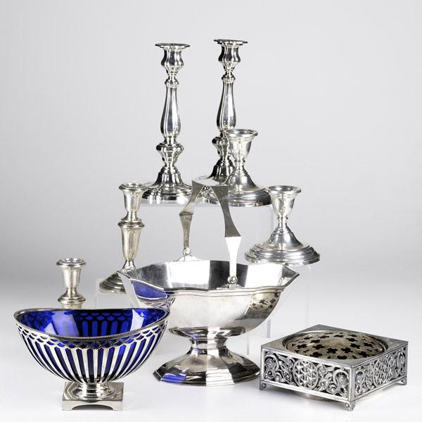 Appraisal: SILVER SILVER PLATE GROUPING Two pairs of weighted sterling candlesticks