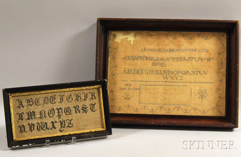 Appraisal: Two Framed Needlework Samplers a small alphabet sampler stitched in