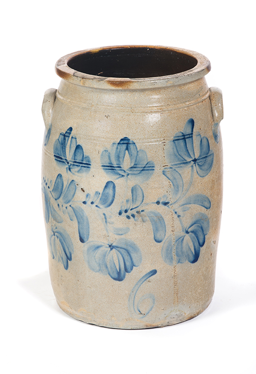 Appraisal: AMERICAN STONEWARE CROCK Mid th century Brushed cobalt vining flowers