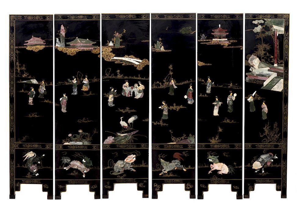 Appraisal: A Chinese Black Lacquer Six-Panel Floor Screen Height x each