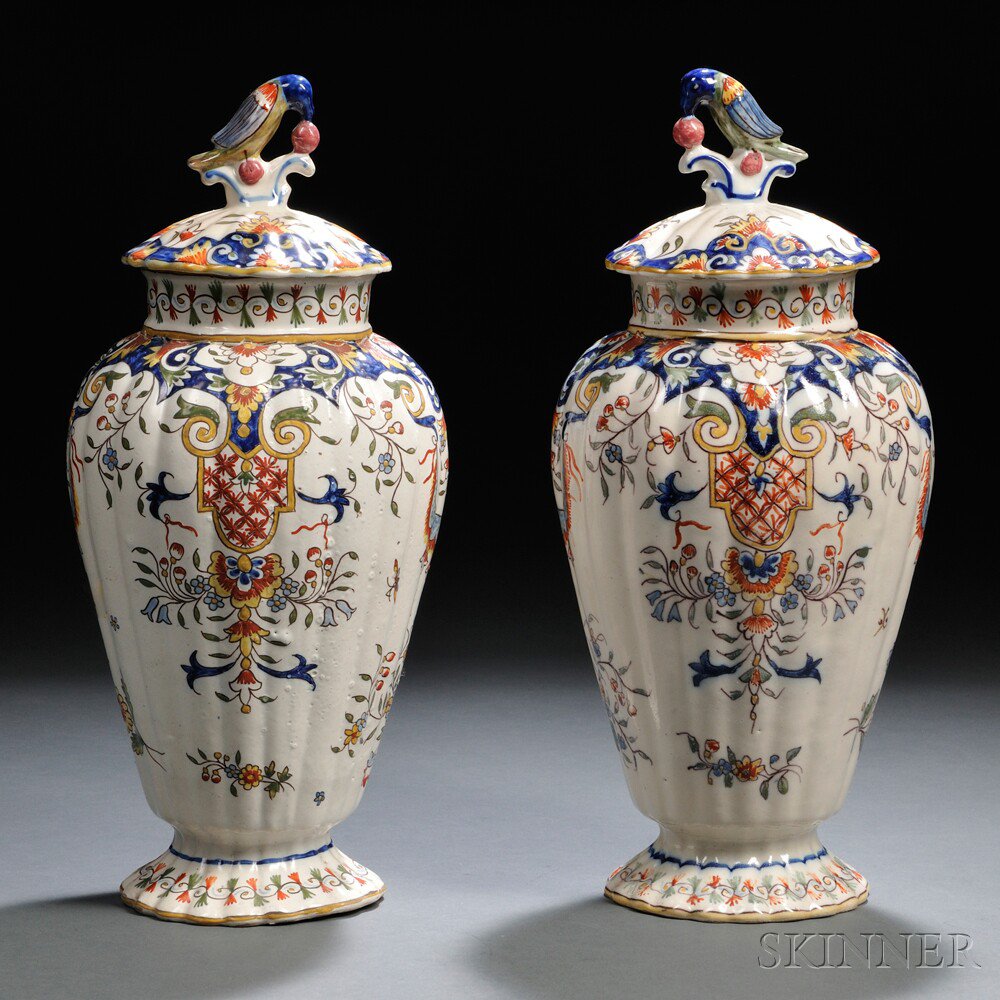 Appraisal: Pair of Polychrome Tin-glazed Earthenware Covered Vases Continental probably France