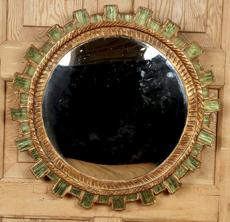 Appraisal: GILT CARVED SUNBURST MIRROR MANNER LINE VAUTRIN A gilt carved