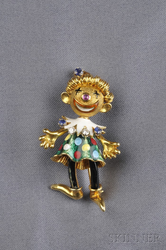 Appraisal: kt Gold Enamel Diamond and Sapphire Clown Brooch designed as