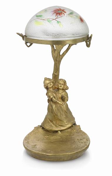 Appraisal: A Continental Art Nouveau gilt-bronze and enameled glass figural lamp