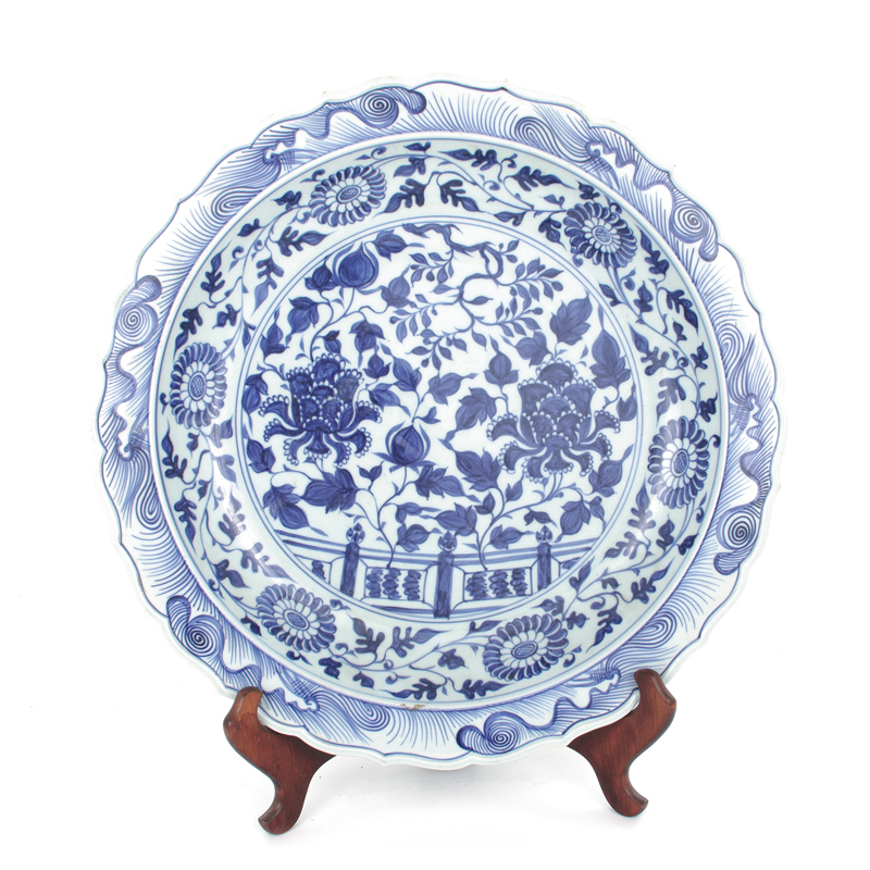 Appraisal: Chinese blue-and-white porcelain charger Republic period decorated with wave-and-floral design