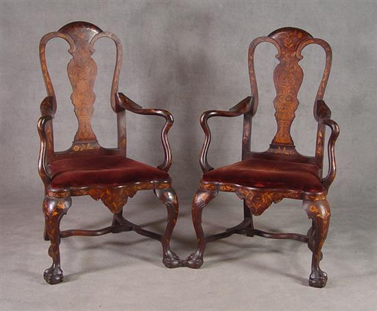 Appraisal: Pair of Queen Anne Style Marquetry Inlaid Armchairs th Century