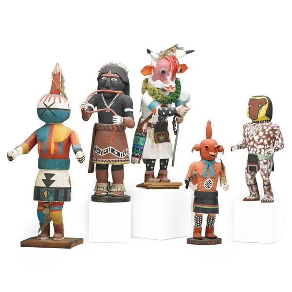 Appraisal: VINTAGE HOPI KACHINA Five cottonwood figures th c Tallest