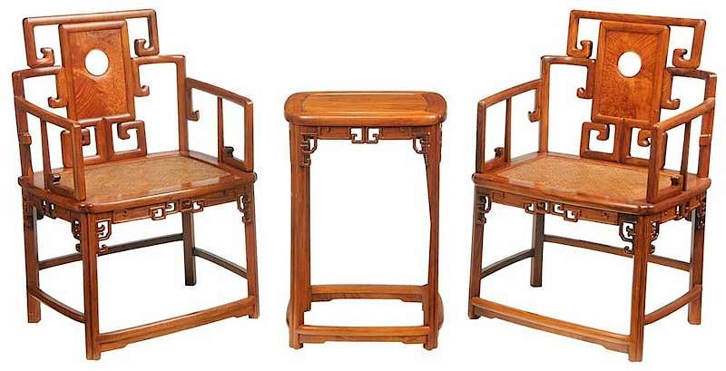 Appraisal: Pair Chinese Carved Hardwood Armchairs Table mid th century each