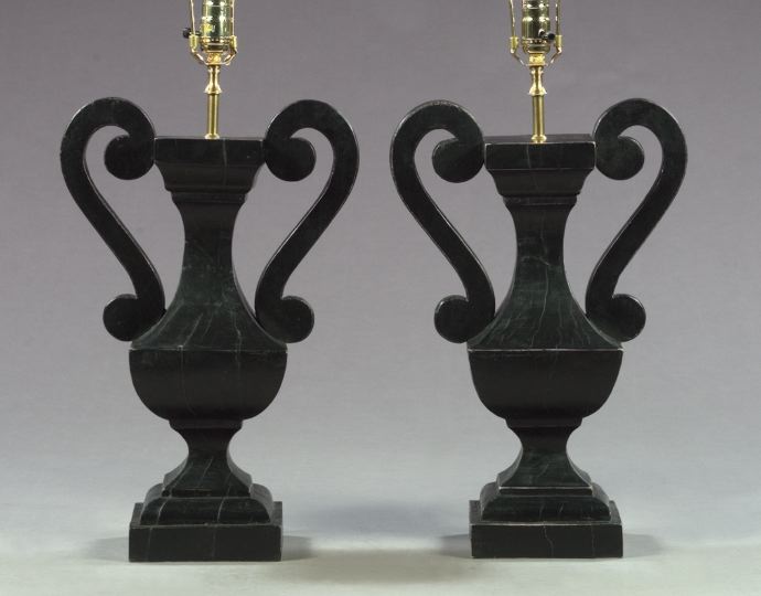 Appraisal: Large Pair of French Two-Handled Vasiform Table Lamps of square