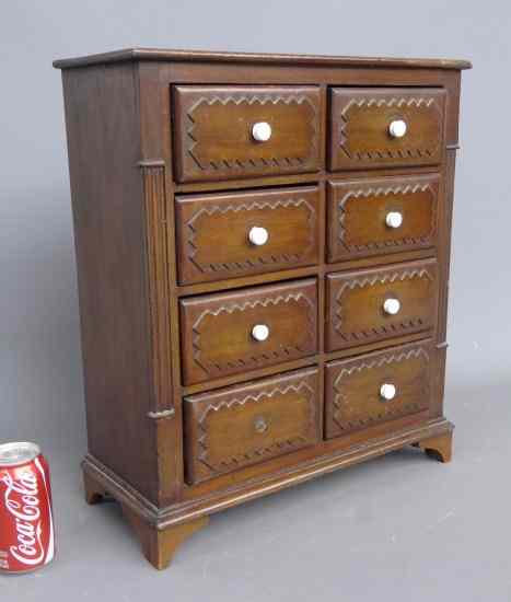 Appraisal: th c drawer spice chest with side columns and carved