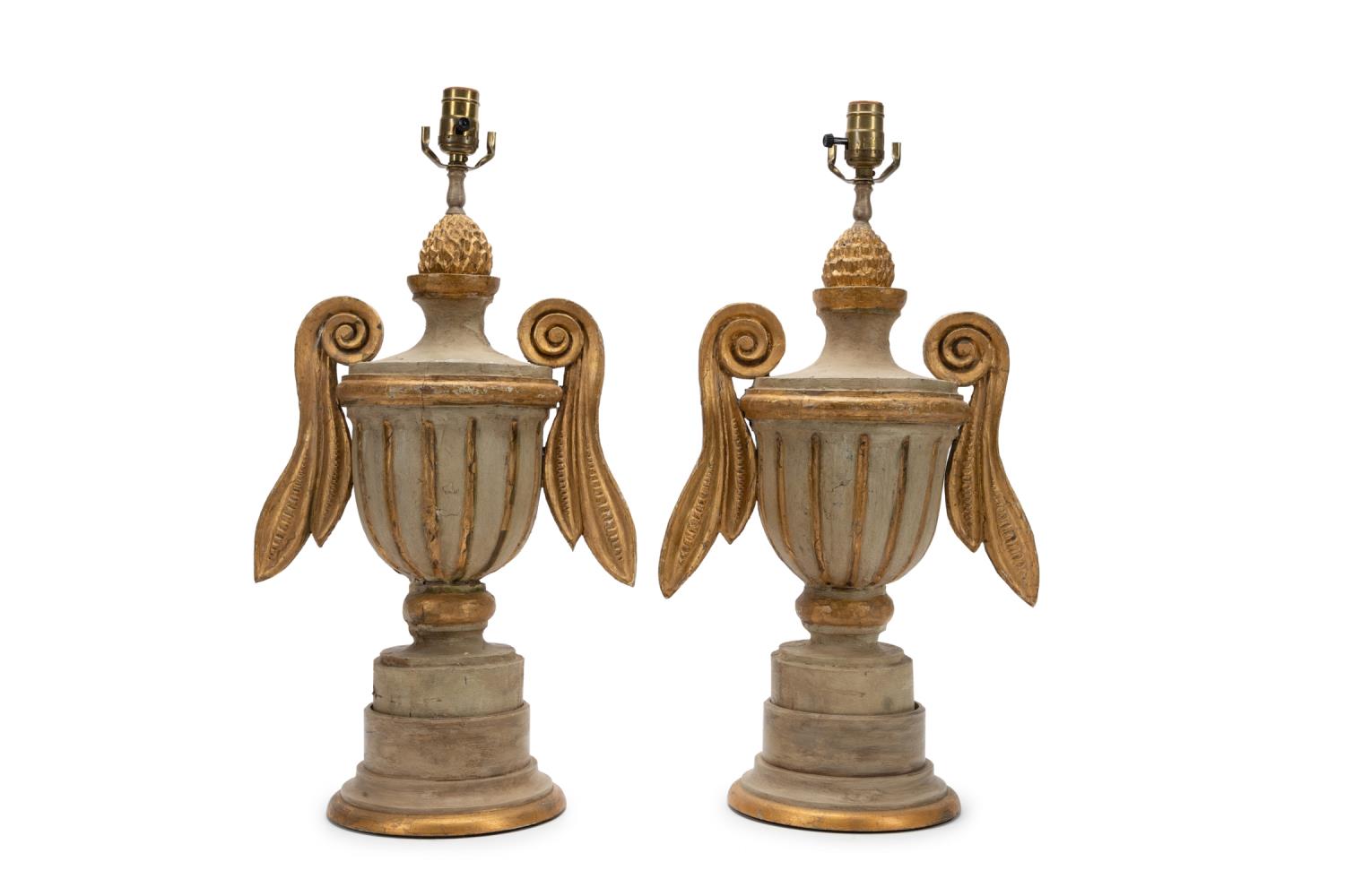 Appraisal: PAIR OF CONTINENTAL PAINTED PARCEL GILT URN LAMPS Pair of