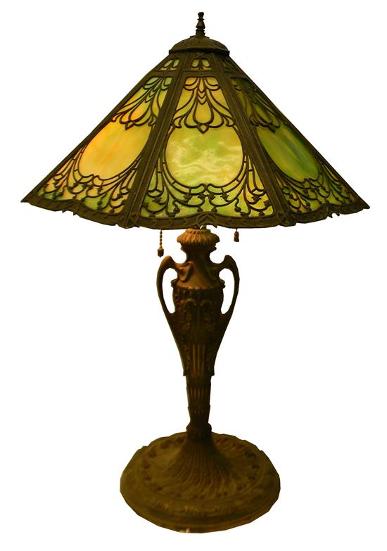 Appraisal: Unsigned table lamp c - apple green-colored cone-shaped eight-sided slag