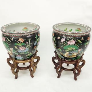 Appraisal: Pair of Vintage Chinese Porcelain Famille Noire Jardiniers Fish Bowls