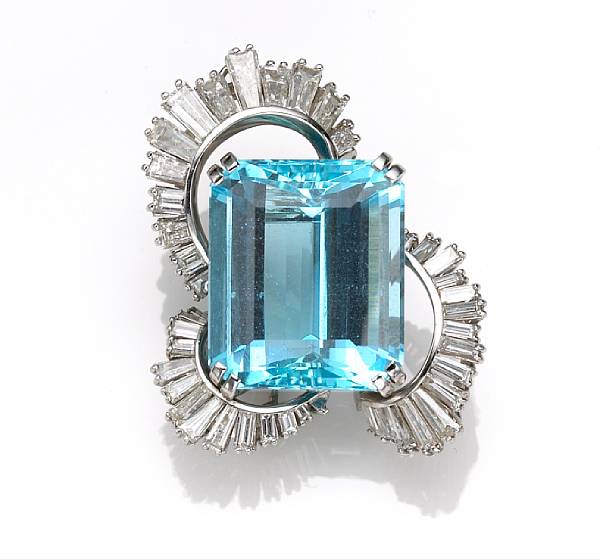 Appraisal: An aquamarine and diamond brooch-necklace centering a rectangular-cut aquamarine measuring