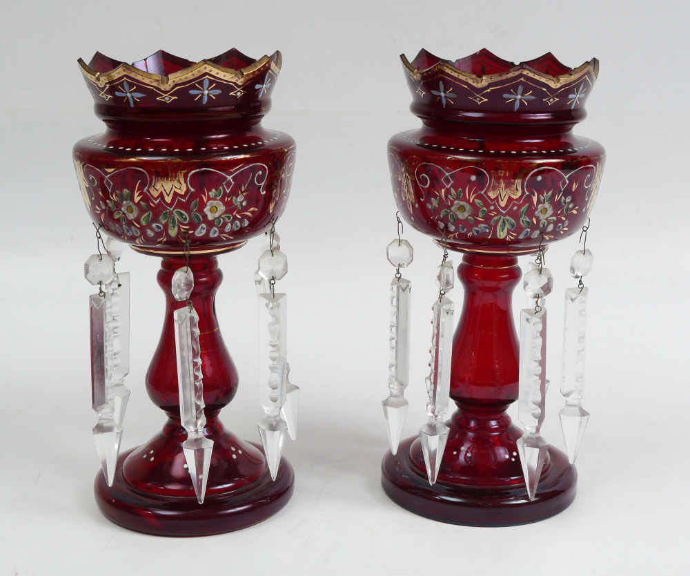 Appraisal: PAIR ENAMEL RUBY LUSTERS Ruby red glass with gilt and