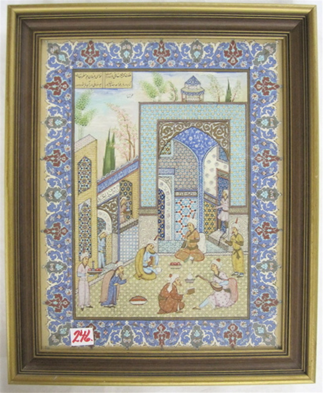 Appraisal: PERSIAN MIXED MEDIA PAINTING on paper Depicts court life with