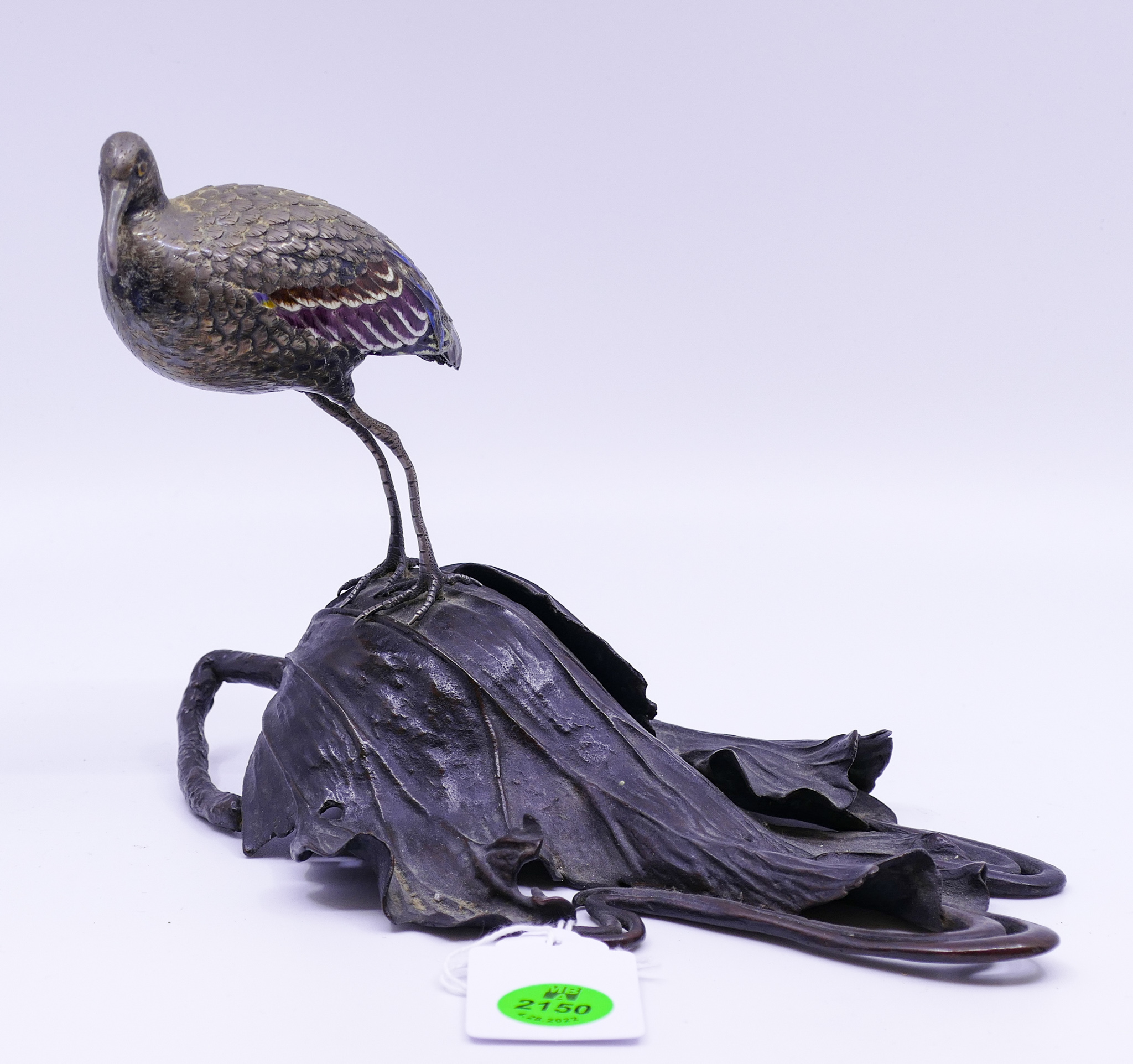 Appraisal: Fine Meiji Japanese Enameled Silver Bird on Bronze Leaf Okimono-