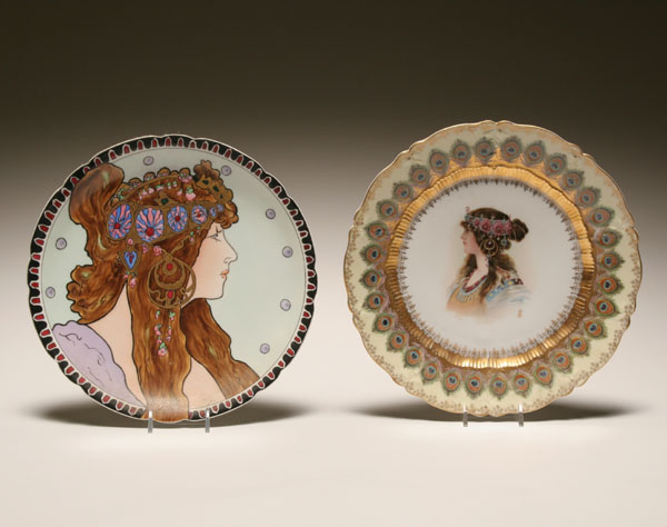 Appraisal: Hand painted porcelain female portrait plates style of Alphonse Mucha