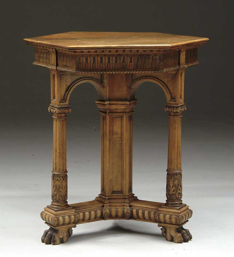 Appraisal: NICELY CARVED HEXAGONAL TOP GOTHIC STAND This piece matches the