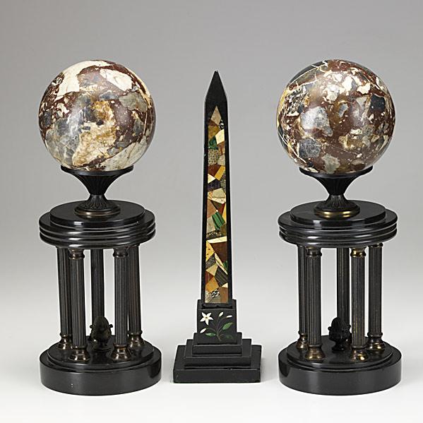 Appraisal: DECORATIVE ACCENTSPair of bronze columned marble pedestals topped with marble