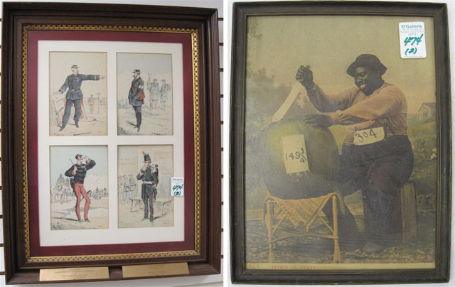 Appraisal: TWO FRAMED PIECES smiling black man cutting a very large