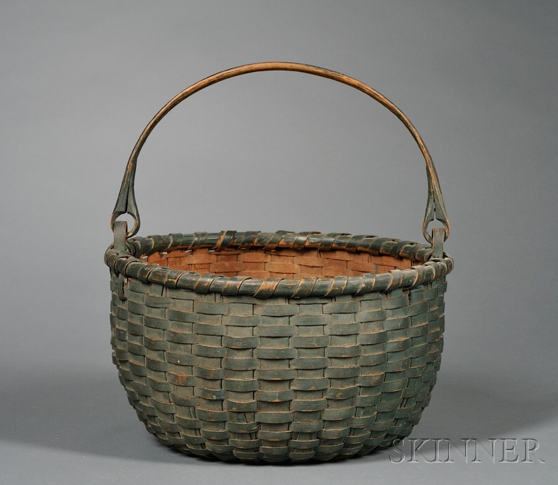 Appraisal: Green-painted Woven Splint Basket America th century round basket with