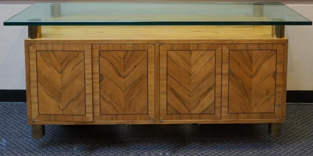 Appraisal: MASTERCRAFT LAMINATE AND BRASS GLASS TOP CREDENZA X X IN