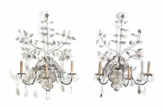 Appraisal: A Pair of Rock Crystal Mounted Silvered Metal Three-Light Sconces