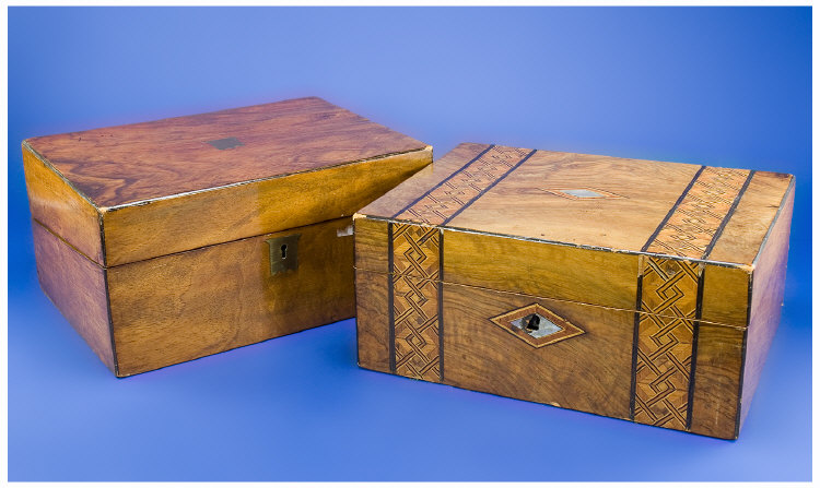 Appraisal: Two Victorian Work Boxes Walnut Veneered One With Mother Of