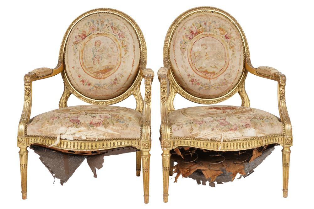 Appraisal: PAIR OF ANTIQUE LOUIS XVI-STYLE GILTWOOD FAUTEUILSeach with Aubusson tapestry