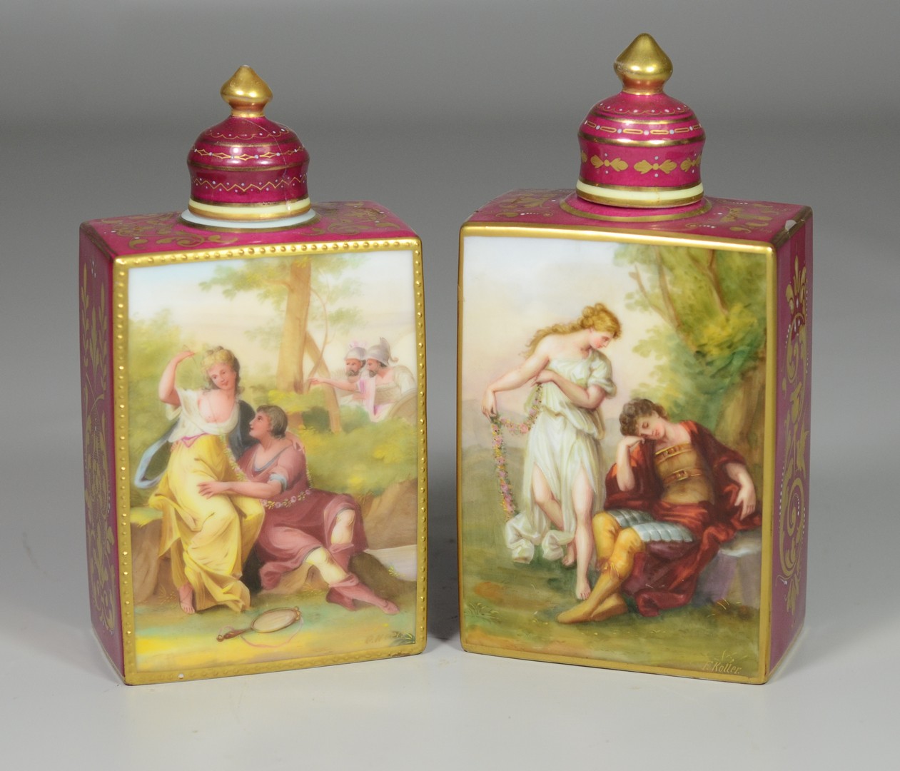 Appraisal: Pr Vienna porcelain lidded tea caddies with hand painted classical