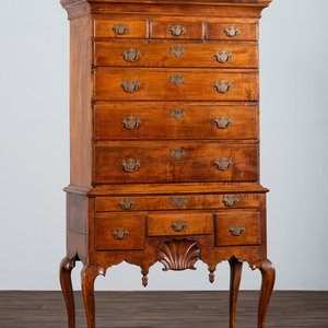 Appraisal: A Queen Anne Shell-Carved and Figured Maple Flat-Top High Chest