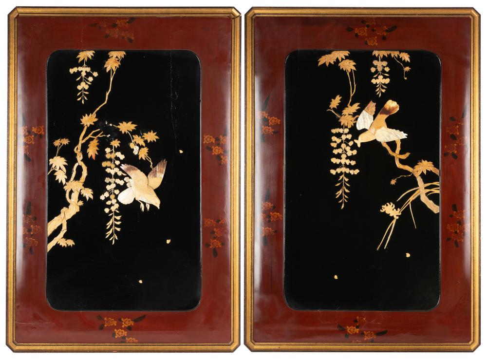 Appraisal: PAIR OF JAPANESE LACQUERED PANELSapplied with bone and mother-of-pearl birds