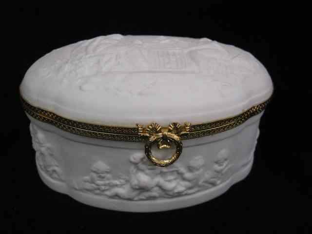 Appraisal: Limoges Porcelain Dresser Box raised scenes of maidens cherubs fancy