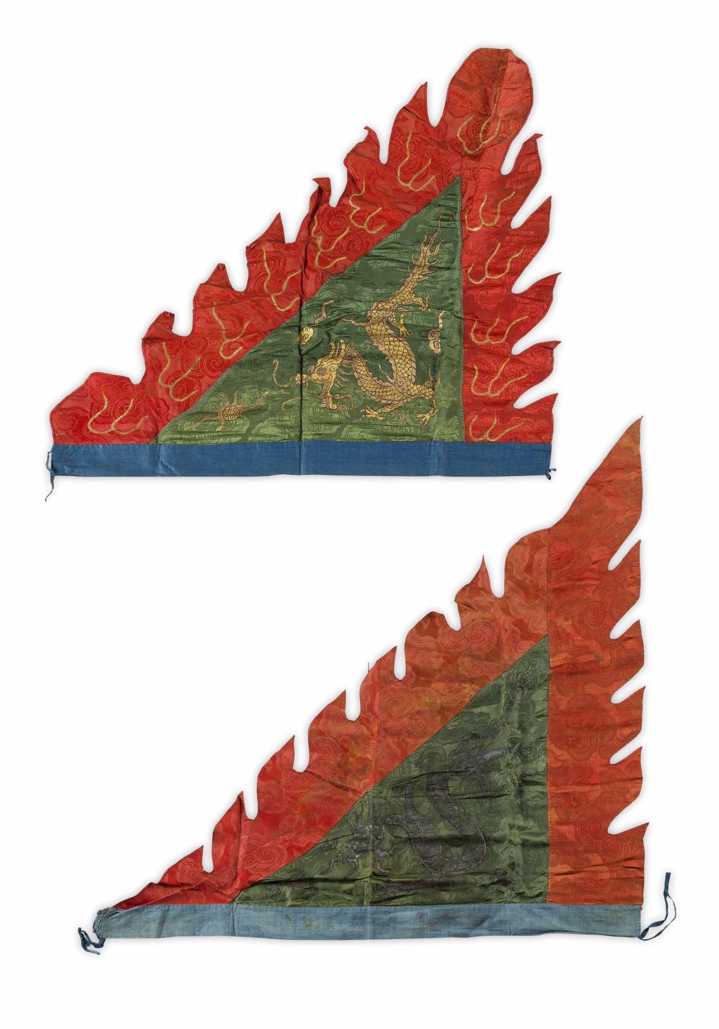 Appraisal: PAIR OF SILK 'DRAGON' BANNERS QING DYNASTY of triangular form