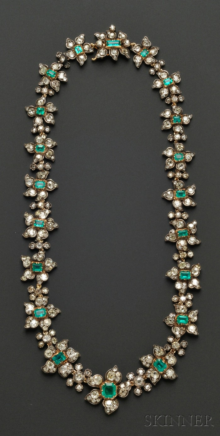 Appraisal: Antique Emerald and Diamond Necklace France composed of floral links