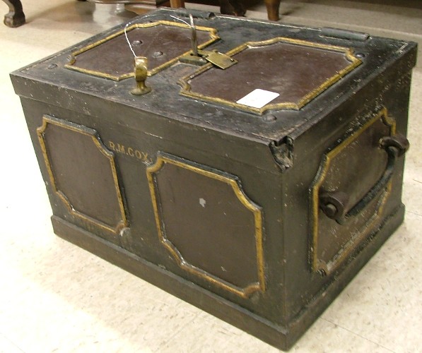 Appraisal: HEAVY CAST IRON STRONGBOX WITH KEY American th century having