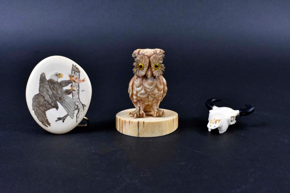 Appraisal: THREE MISCELLANEOUS AMERICAN THEMED ITEMSA carved owl on a circular