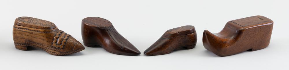 Appraisal: FOUR ENGLISH CONTINENTAL SHOE-FORM TREEN SNUFF BOXES TH CENTURY-EARLY TH