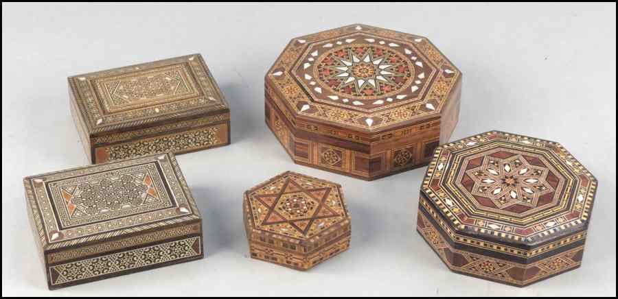 Appraisal: FIVE MOTHER OF PEARL INLAID BOXES Condition No Specific Condition