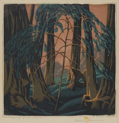 Appraisal: GUSTAVE BAUMANN Redwood Color woodcut x mm x inches full