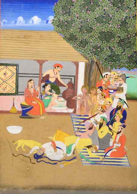 Appraisal: AN INDIAN MINIATURE painted with assorted figures smoking opium outside