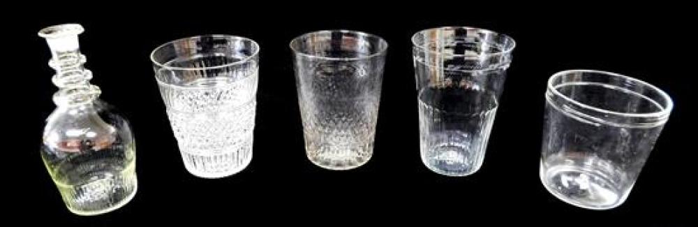 Appraisal: GLASS Four flint widemouth tumblers with one decanter late th