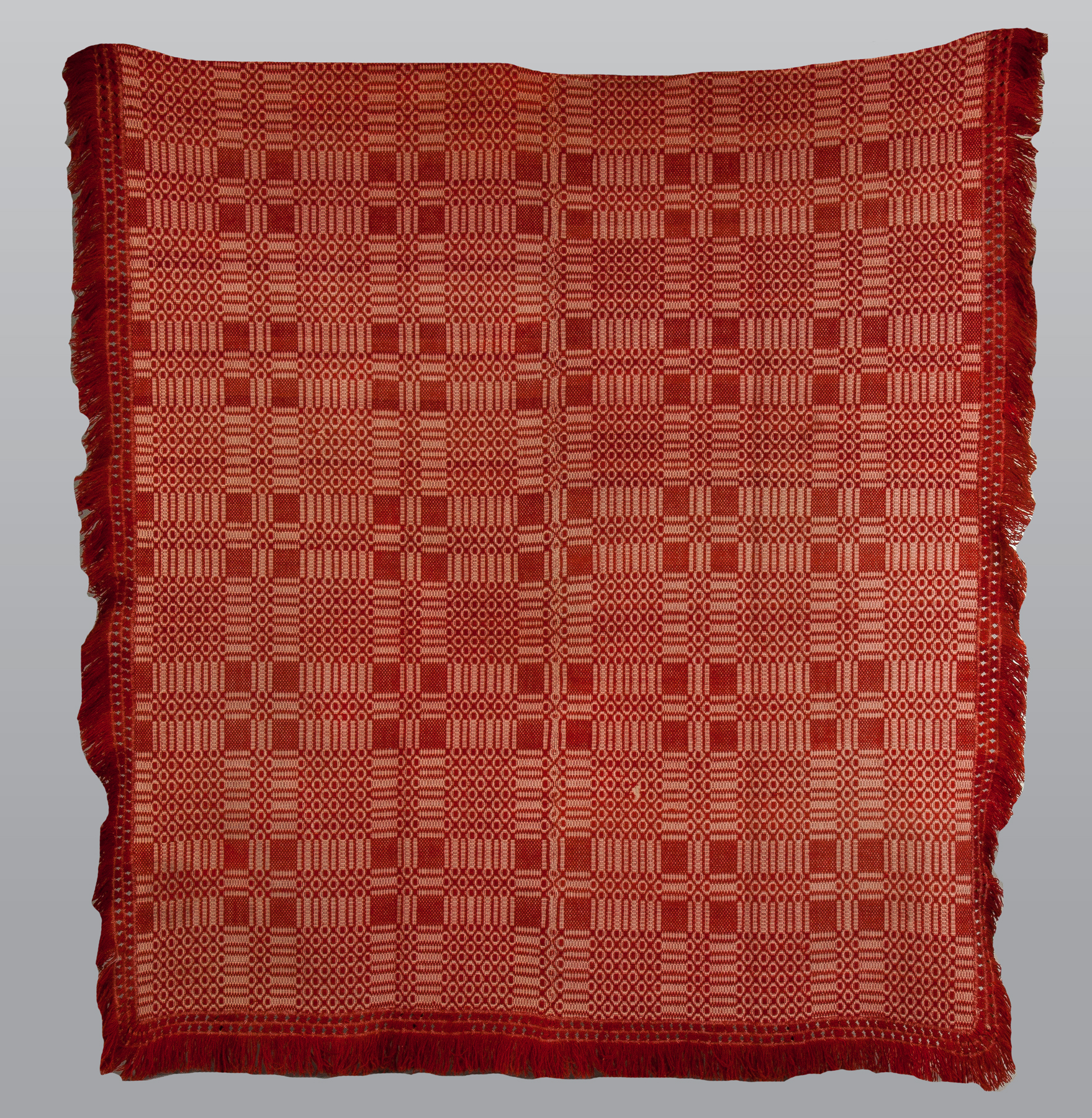 Appraisal: Two Red Coverlets Red Overshot with bushy fringe x Red