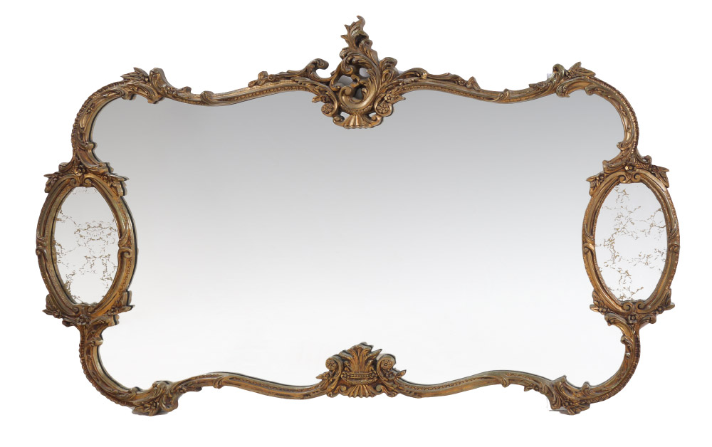 Appraisal: LARGE ROCOCO CARVED GILT WOOD WALL MIRROR Rococo style with