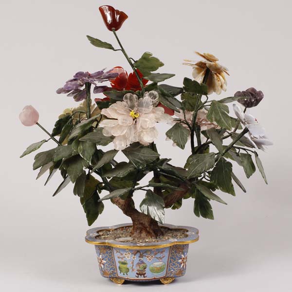 Appraisal: Cloisonn planter with carved multicolored stone flower arrangement Breakage and