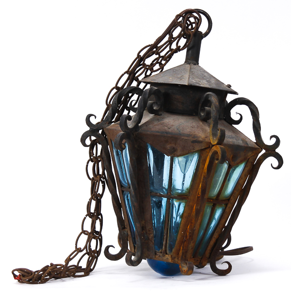 Appraisal: Wrought iron hanging cage lantern with blown out blue glass