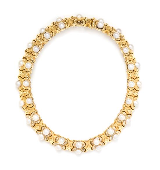 Appraisal: Sale Lot An Karat Yellow Gold Pearl and Diamond Collar