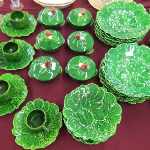 Appraisal: pc Majolica Strawberry Pottery Servicefor leaf shapes covered dishes have