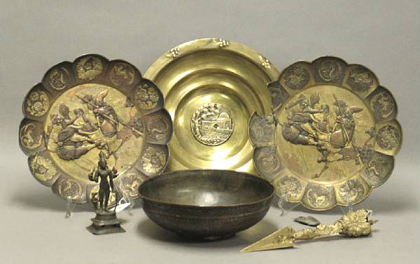 Appraisal: A group of Asian metal objects Including two Japanese dishes